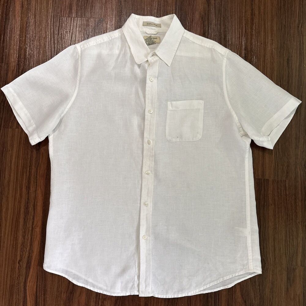 L.L. Bean Men’s L Classic 100% Linen White Shirt Short Sleeve Slightly Fitted